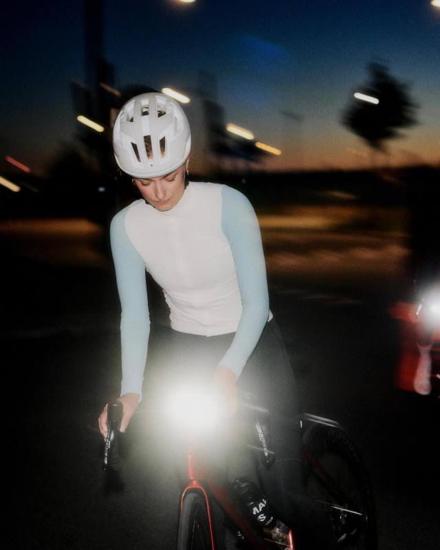 ALPH rider at dusk with Halo light lit, motion blur