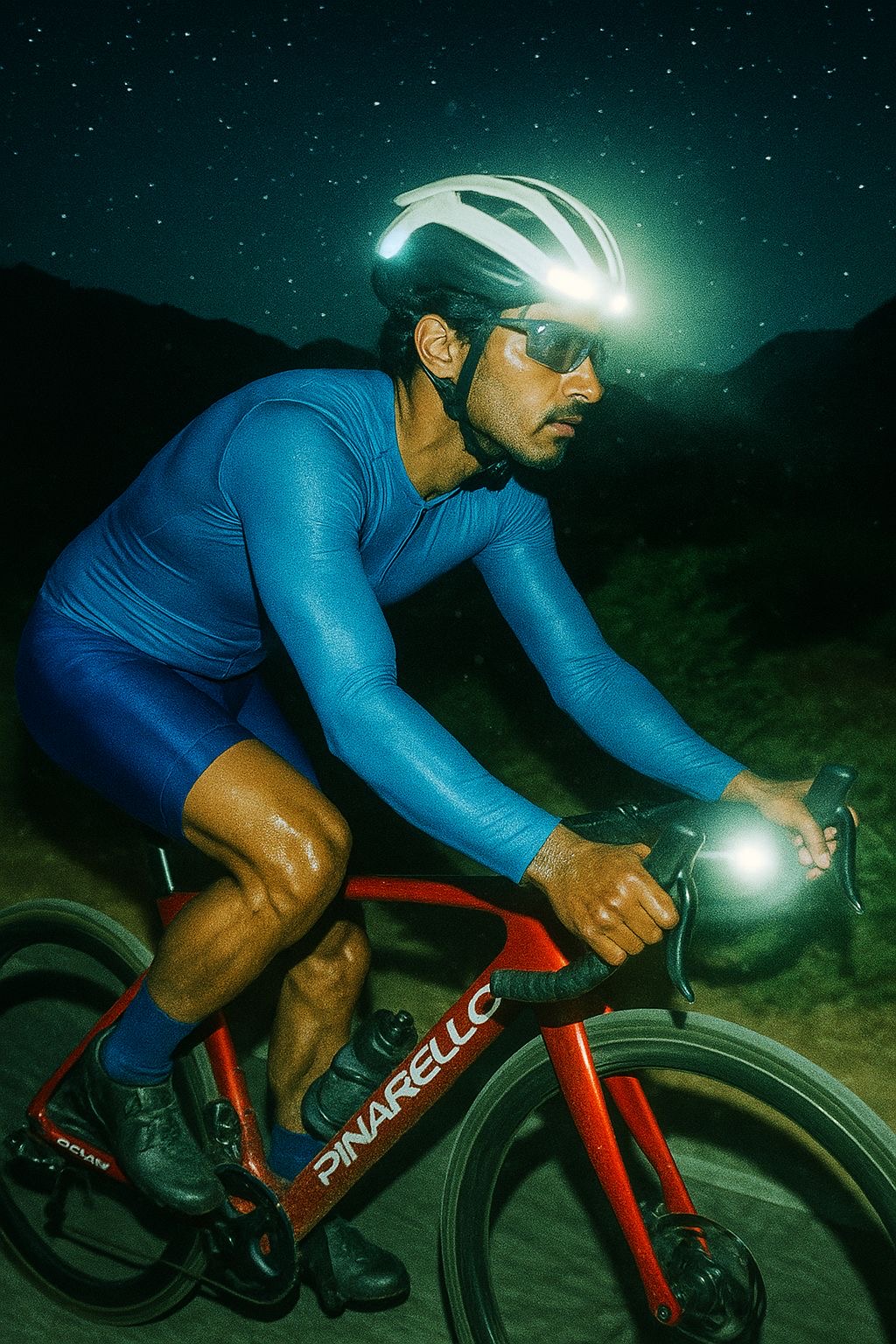 ALPH rider at night with Halo helmet light lit
